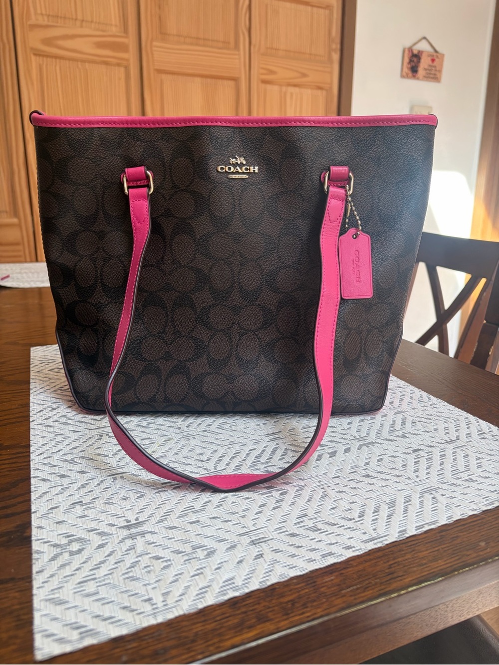 Coach Signature Tote with Pink Trim and Handles